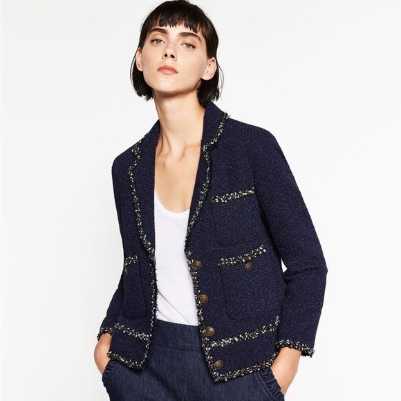 Zara Woman Blue Navy Frayed Tweed Knit Blazer Size Xsmall - Picture 2 of 16